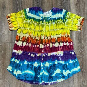 Tie-Dye Button-Front Short-Sleeve Tunic Top 1X Roamans 100% Cotton Multi-Color